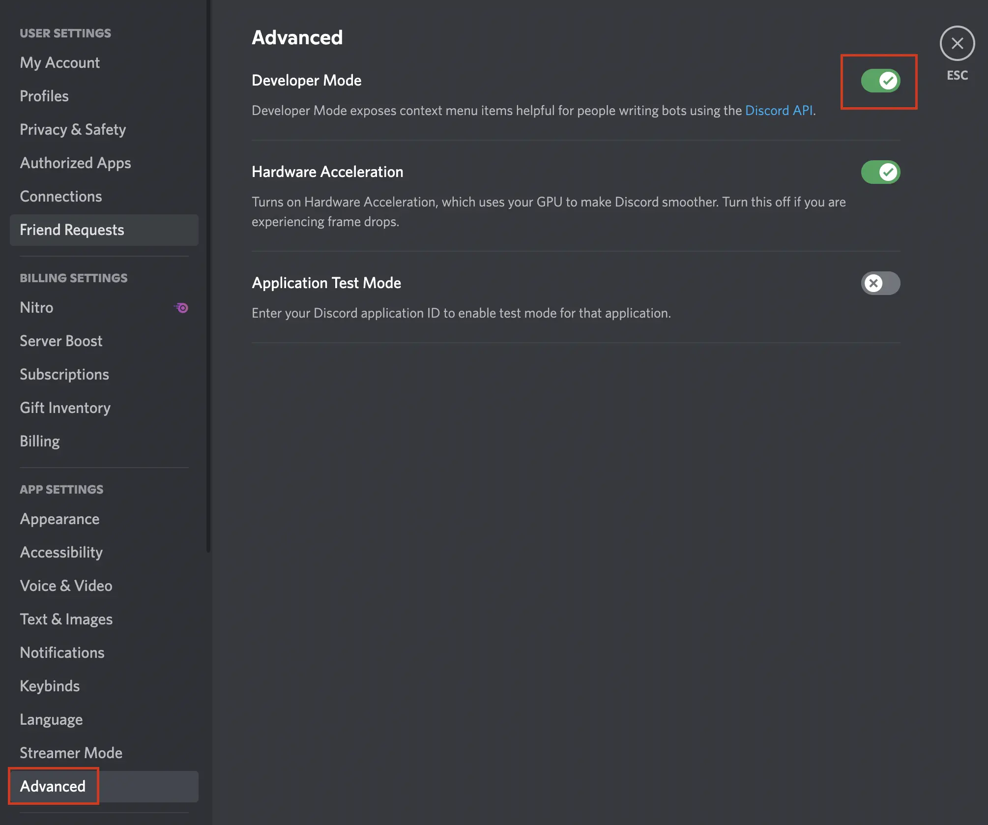 Discord developer mode